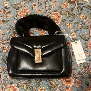 Mini Black Handbag Purse Faux Fur Handle with Attachable Strap and Dustbag